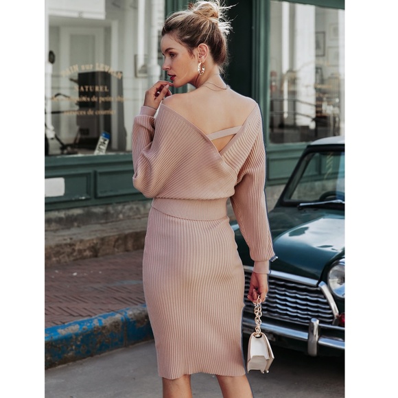 2 Piece Dress Rib Knit Midi V-Neck in Mocha Brown - Picture 5 of 10